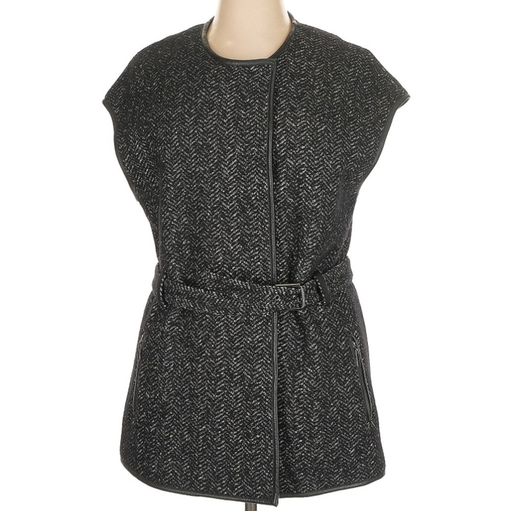 Tory Burch Belted Tweed Belted Vest Wool Leather Trim Size Xl